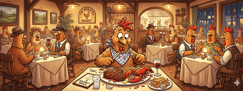 chickens in restaurant feasting on steak and lobster